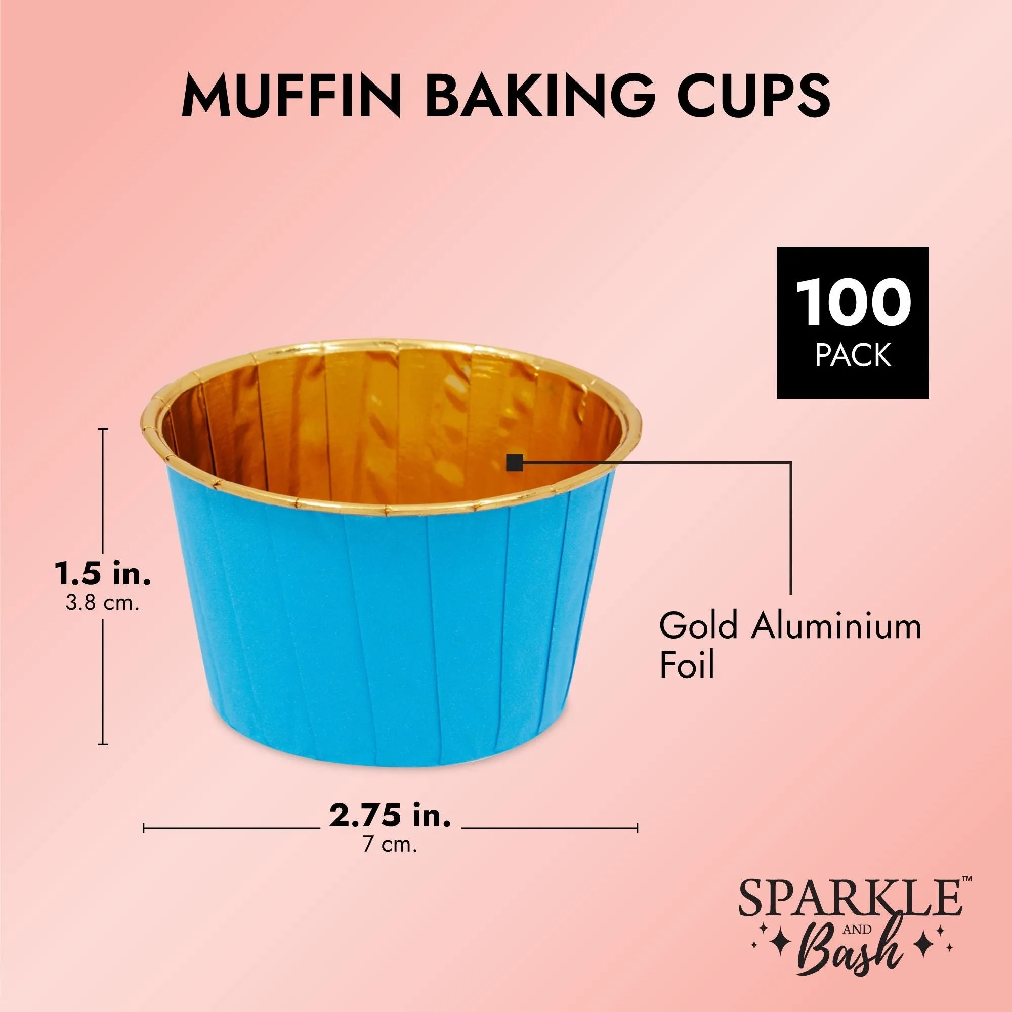 100-Pack Gold Aluminum Foil Cupcake Liners, 2.75x1.5-Inch Blue Colored Baking Cups for Muffins and Baked Desserts, Small Goodie Containers for Loose Nuts and Candies