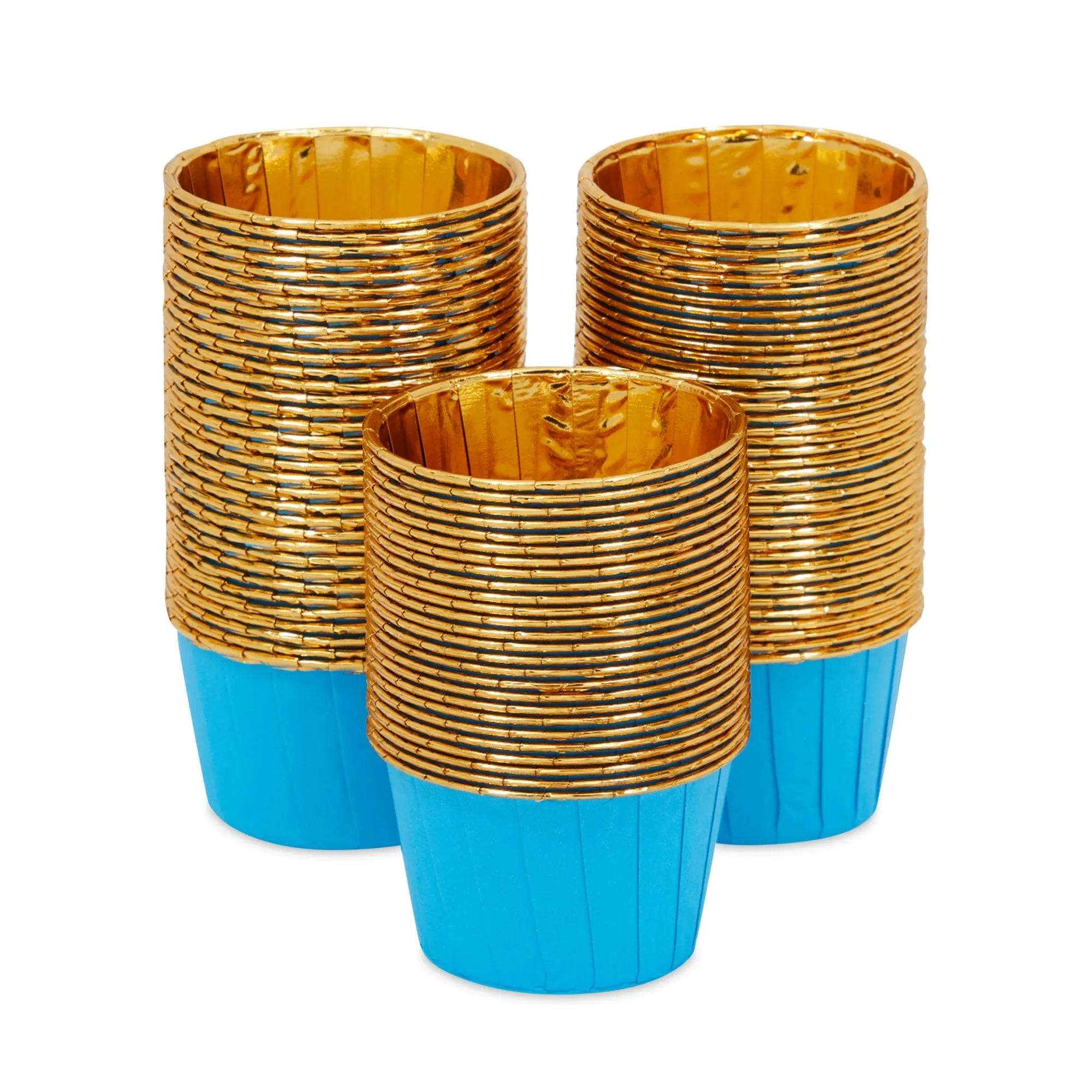 100-Pack Gold Aluminum Foil Cupcake Liners, 2.75x1.5-Inch Blue Colored Baking Cups for Muffins and Baked Desserts, Small Goodie Containers for Loose Nuts and Candies