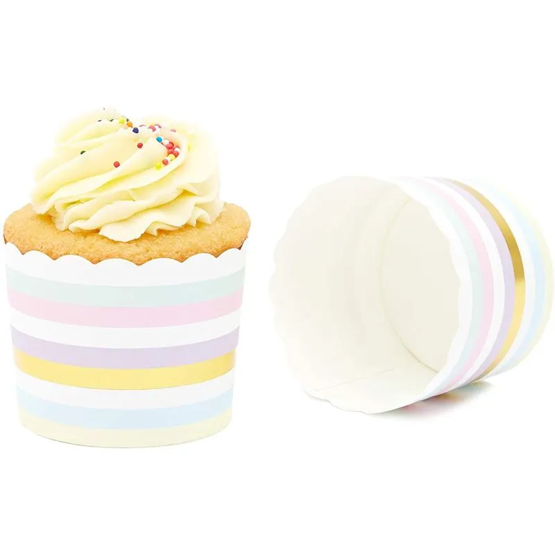 50-Pack Muffin Liners - Pastel and Gold Foil Striped Cupcake Wrappers Paper Baking Cups