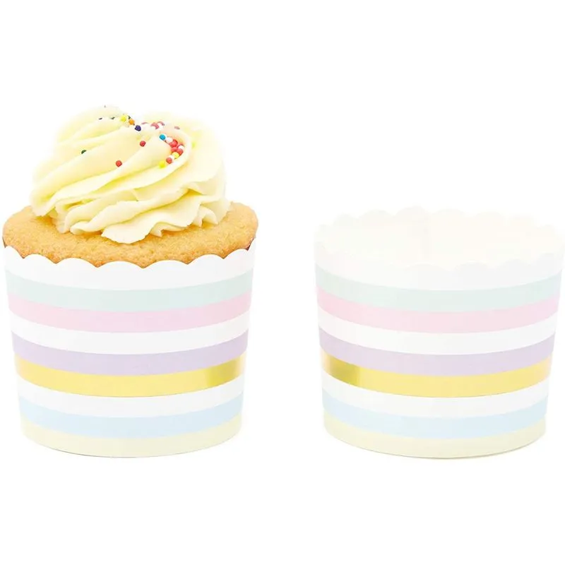 50-Pack Muffin Liners - Pastel and Gold Foil Striped Cupcake Wrappers Paper Baking Cups