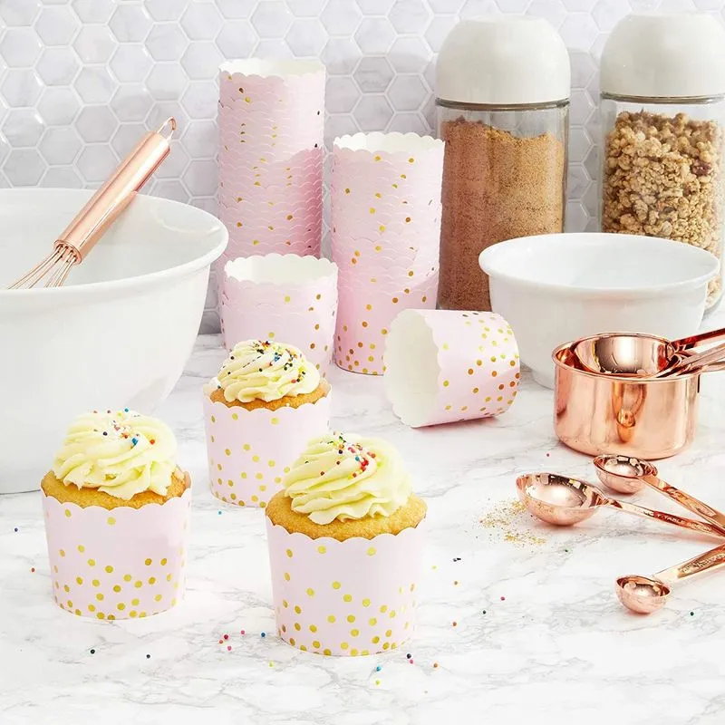 50-Pack Muffin Liners - Pink and Gold Foil Polka Dots Cupcake Wrappers Paper Baking Cups