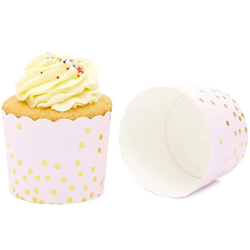 50-Pack Muffin Liners - Pink and Gold Foil Polka Dots Cupcake Wrappers Paper Baking Cups