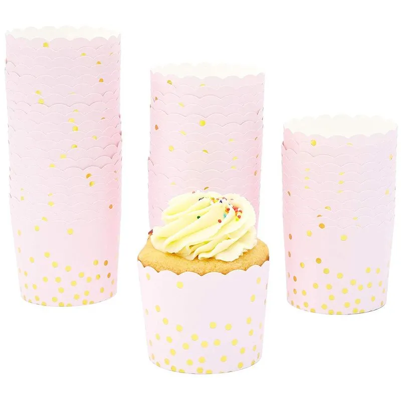 50-Pack Muffin Liners - Pink and Gold Foil Polka Dots Cupcake Wrappers Paper Baking Cups