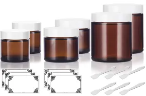 6 piece Amber Glass Straight Sided Jar Multi Size Set : Includes 2-1 oz, 2-2 oz, and 2-4 oz Amber Glass Jars with White Lids   Spatulas and Labels