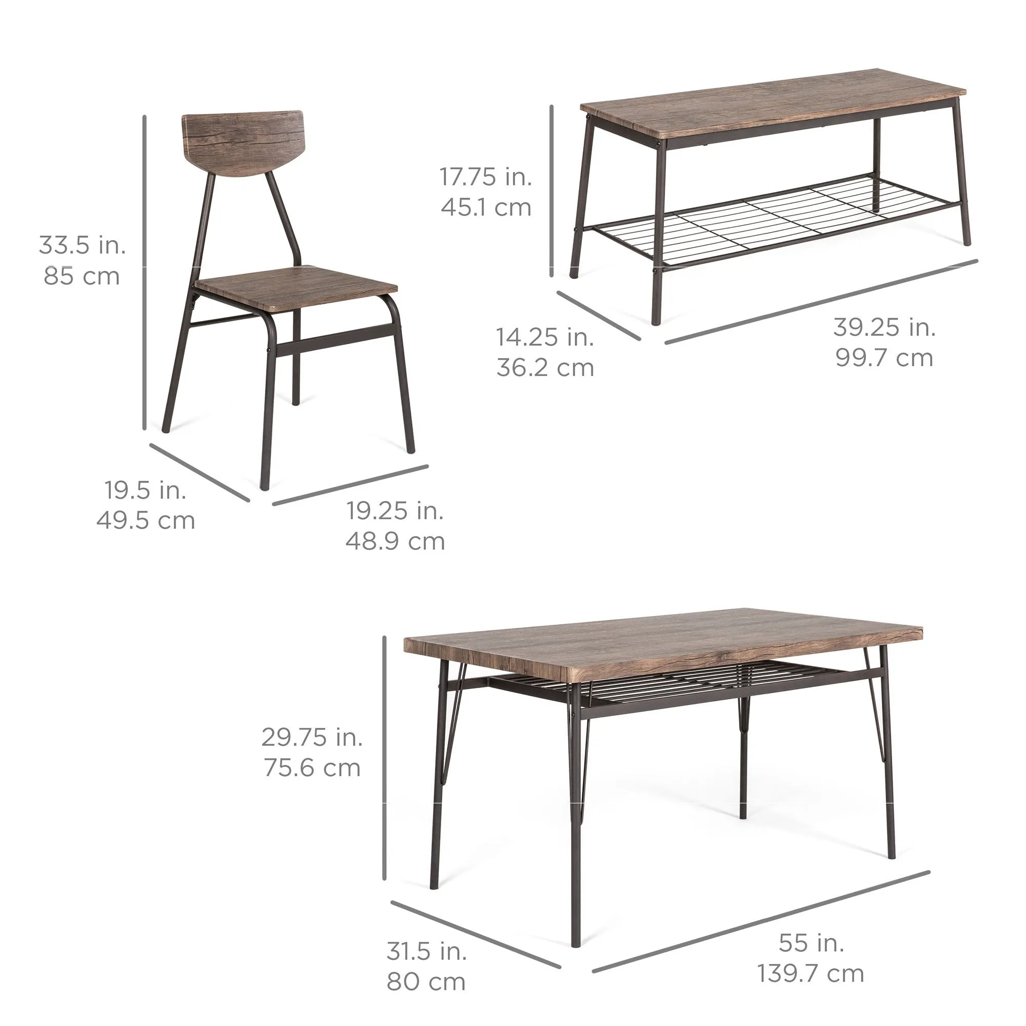 6-Piece Modern Dining Set w/ Storage Racks, Table, Bench, 4 Chairs - 55in