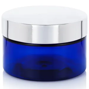 8 oz Cobalt Blue PET Plastic Low Profile Jar with Silver Metal Overshell Lid (12 Pack)