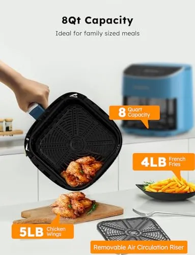 8 Qt Air Fryer, PFAS Free, New & Improved, Digital Touch Screen, Cool White Display, 50°F~400°F in Precise 5°, 5 Cook Functions