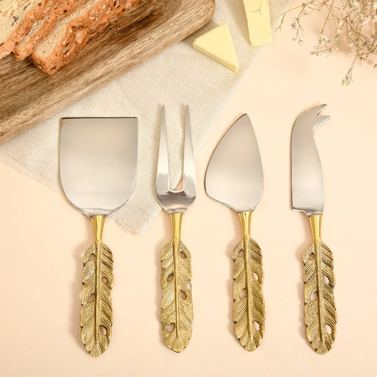 Brass Cheese Knife Set | Punkh Feather Handle | Set of 4