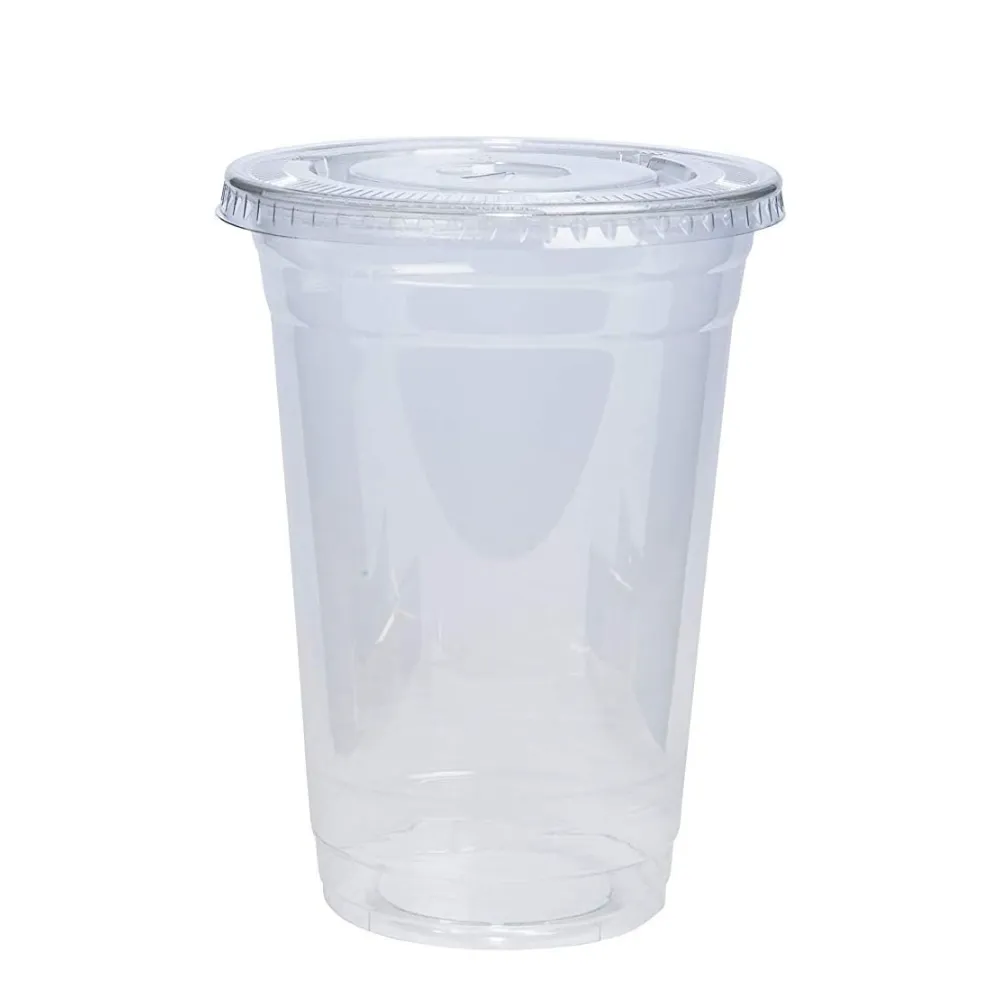 [Case of 500 Sets] 20 oz. Plastic Cups With Flat Lids