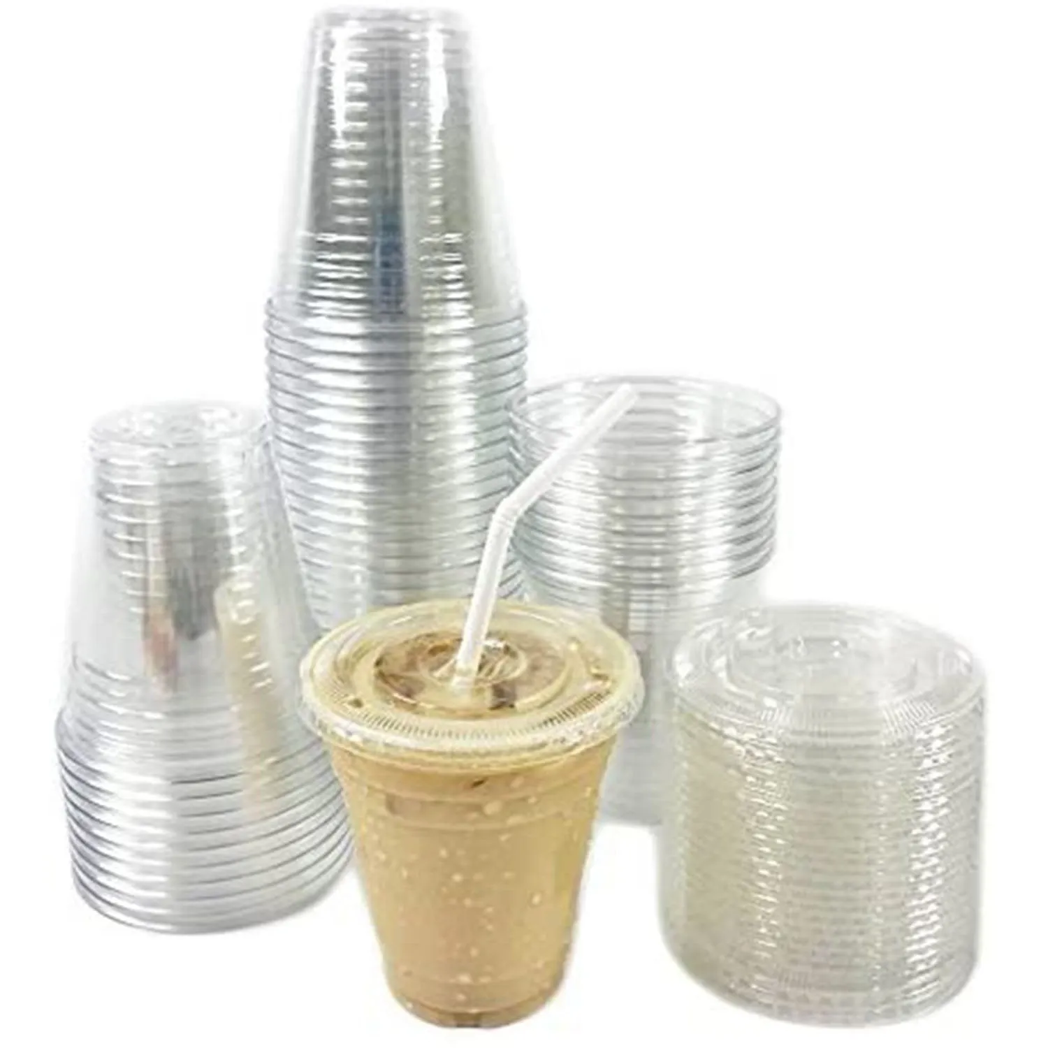 Clear PET Plastic Flat Lids with Straw Slot for 12, 16, 20 & 24 oz. PET Cups