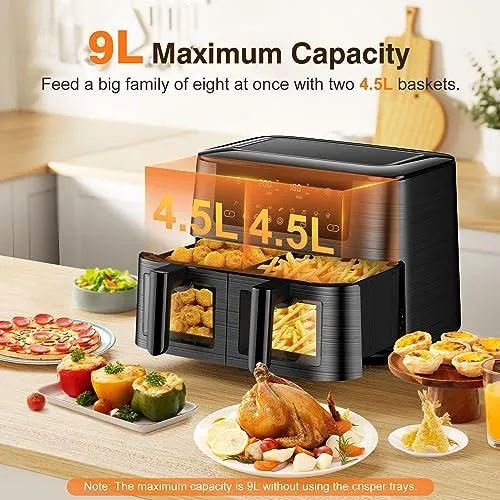 Dual Air Fryer with Visual Window, 9L XL Capacity