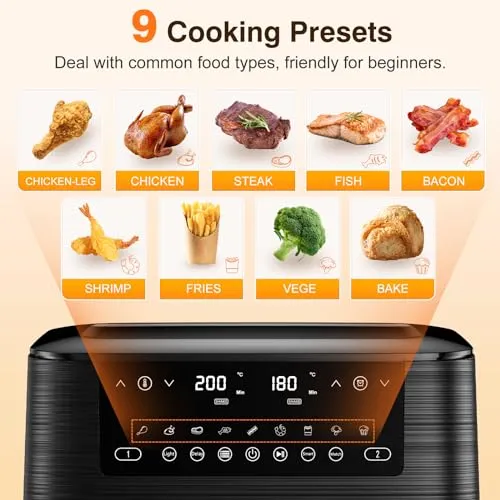 Dual Air Fryer with Visual Window, 9L XL Capacity