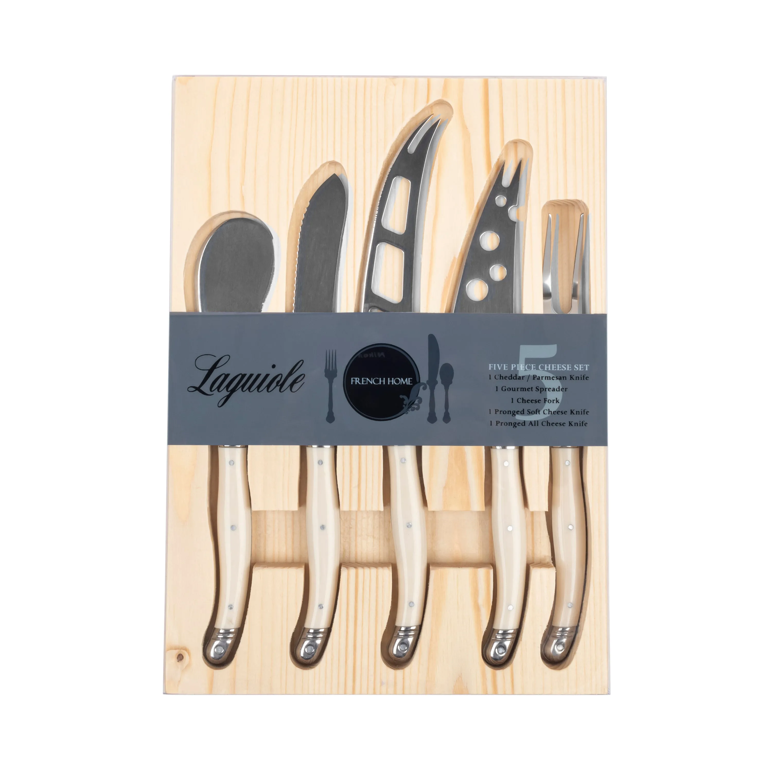 French Home Laguiole 5-Piece Artisan Cheese Knife Set with Ivory-Colored Handles