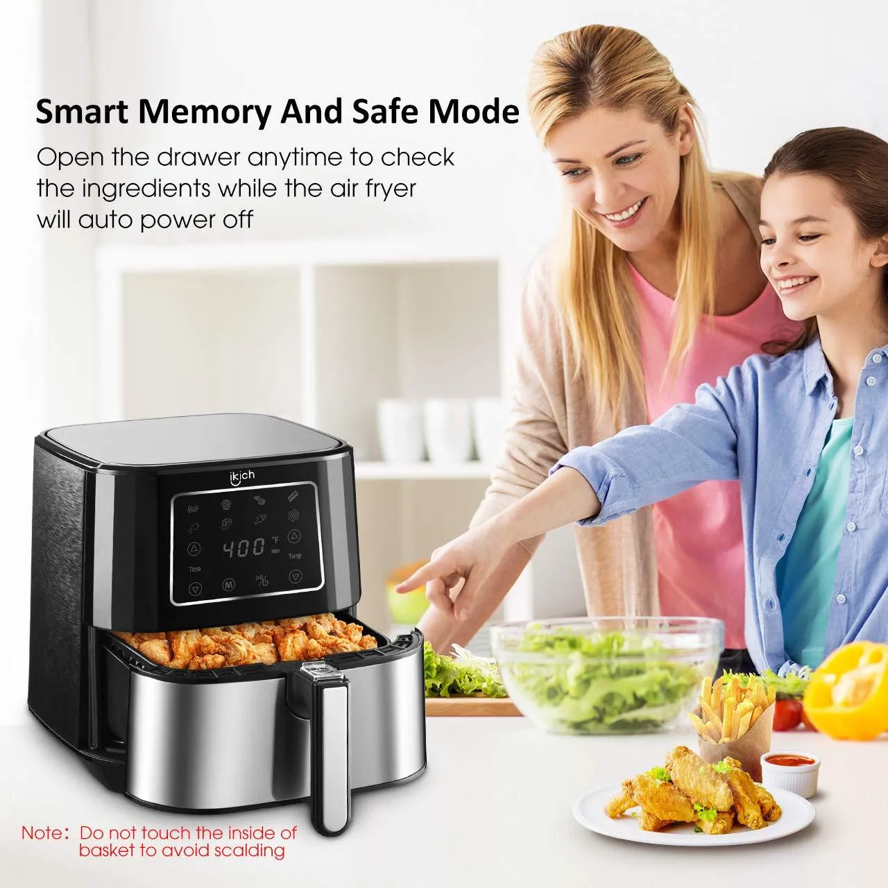 IKICH Stainless Steel Air Fryer, 6QT Large Air Fryers XL Oven Oilless Cooker, Nonstick Square Basket, LED Digital Touch Screen, 7 Cooking Presets, Recipes, Dishwasher Safe, 2 Years Warranty (KC-195)