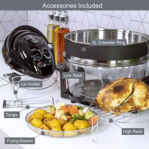 Quest 43850 Multi-Function Halogen Oven / Healthy Air Fryer / 17L Capacity with 5L Extender Ring / 60 Minute Timer / Self-Cleaning Function / 125-250°C Temperature Control