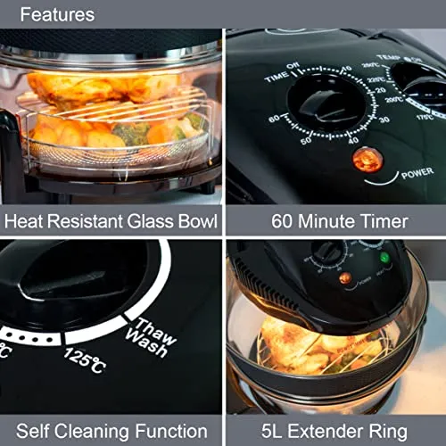 Quest 43850 Multi-Function Halogen Oven / Healthy Air Fryer / 17L Capacity with 5L Extender Ring / 60 Minute Timer / Self-Cleaning Function / 125-250°C Temperature Control