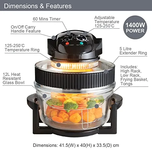 Quest 43850 Multi-Function Halogen Oven / Healthy Air Fryer / 17L Capacity with 5L Extender Ring / 60 Minute Timer / Self-Cleaning Function / 125-250°C Temperature Control