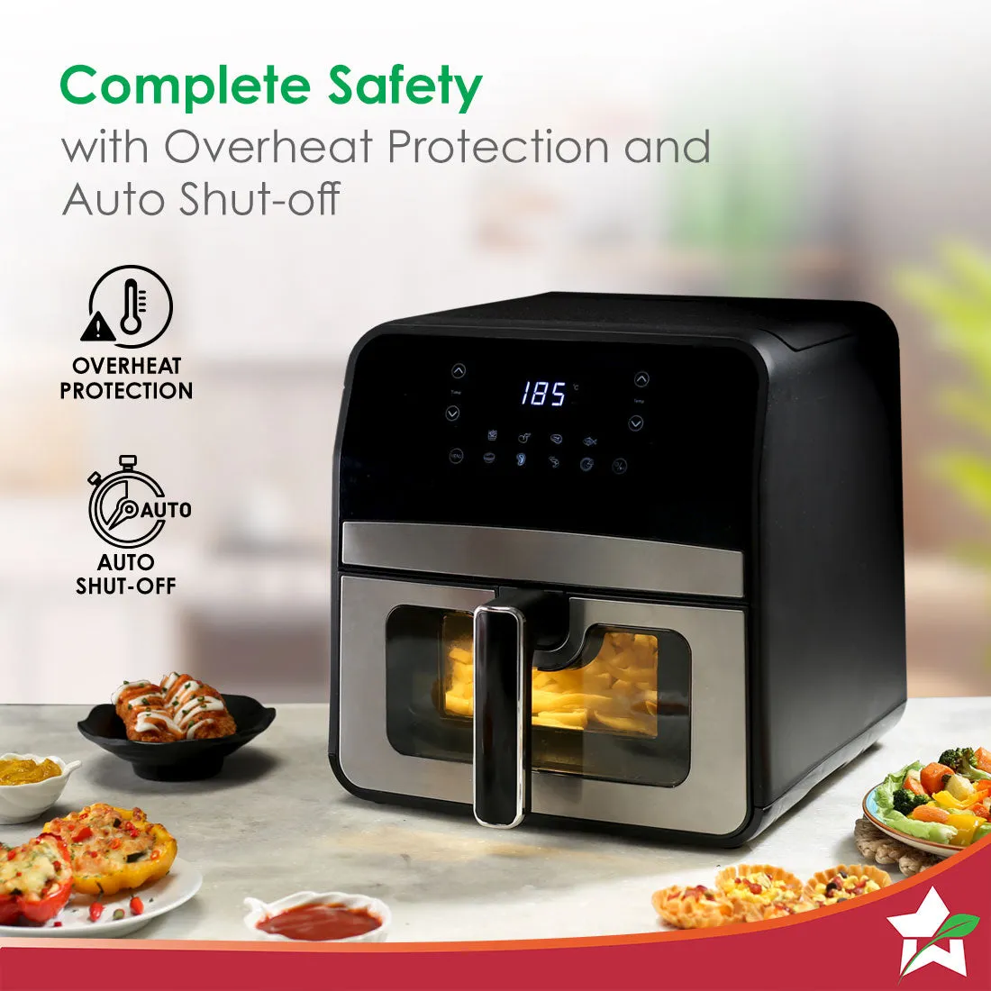 Regenta Digital Air Fryer with Window | 1800W, 6.5L | Rapid Air Technology | Auto Resume & Shut-off | Touch Screen | Fry, Bake, Grill, Roast | 2 Year Warranty