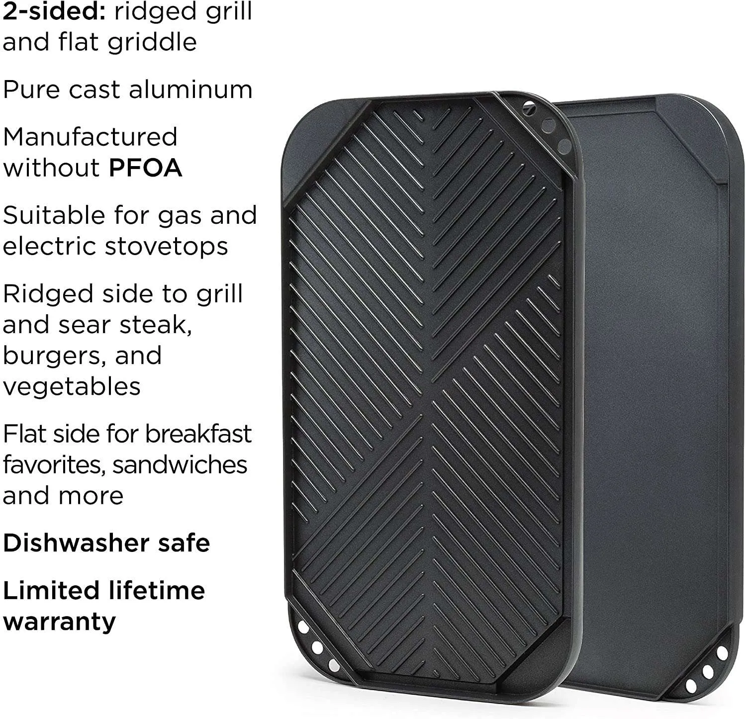 Reversible 19.5” x 11” Grill/Griddle Pan, Non-Stick, Dishwasher Safe - Ecolution