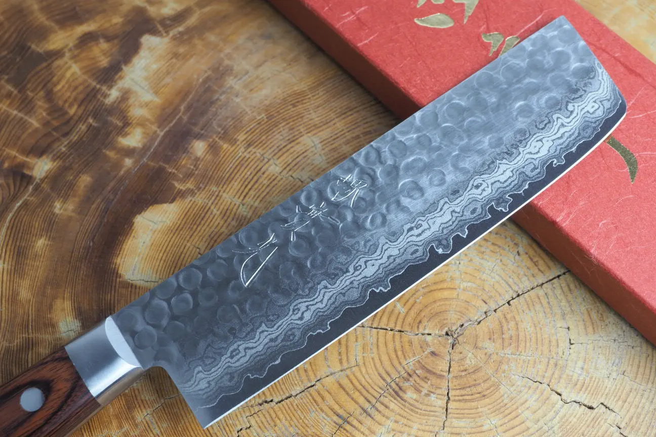 Sakai Jikko "Nakiri" Vegetable Knife- Damascus with Hammered Finish (16cm)