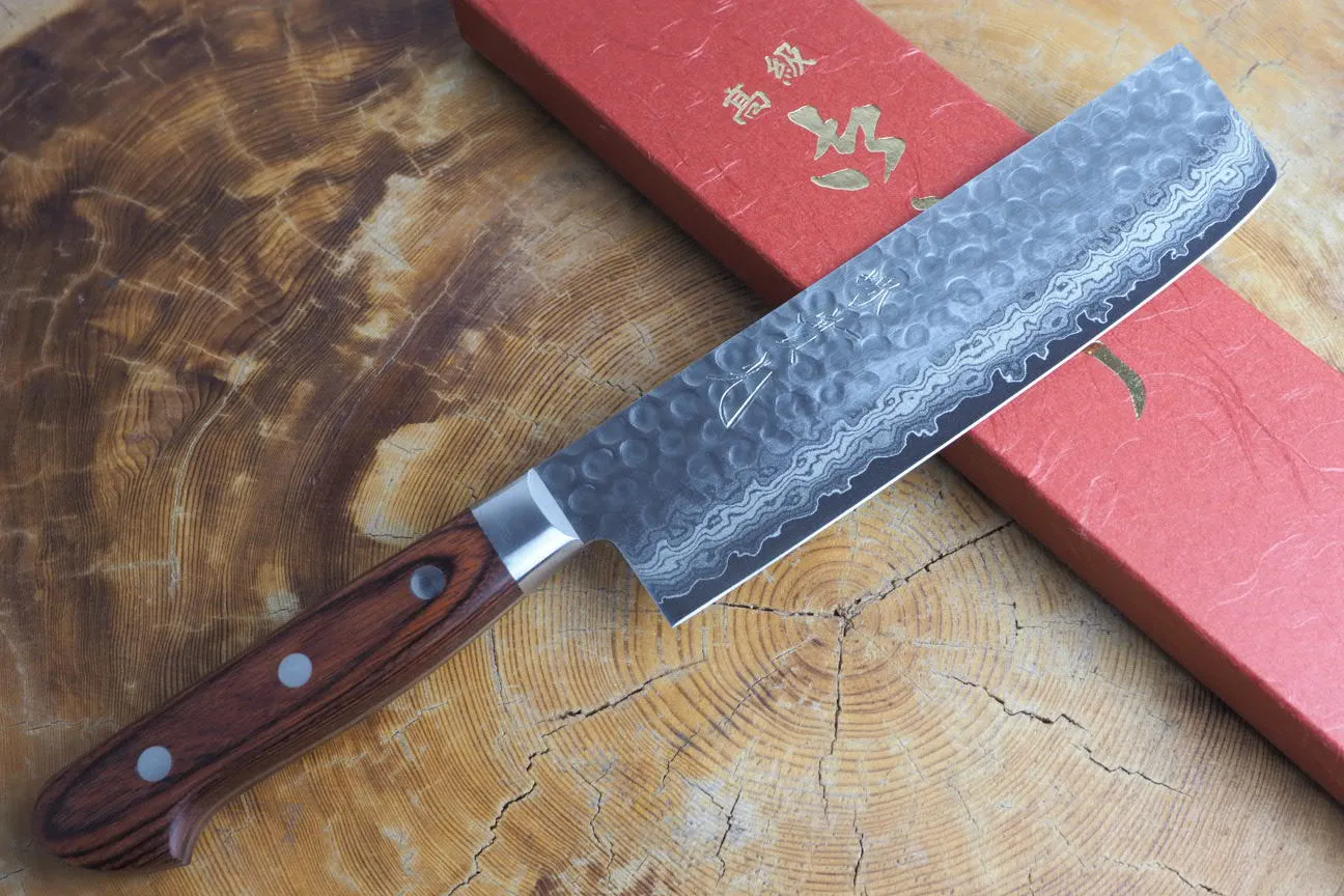 Sakai Jikko "Nakiri" Vegetable Knife- Damascus with Hammered Finish (16cm)