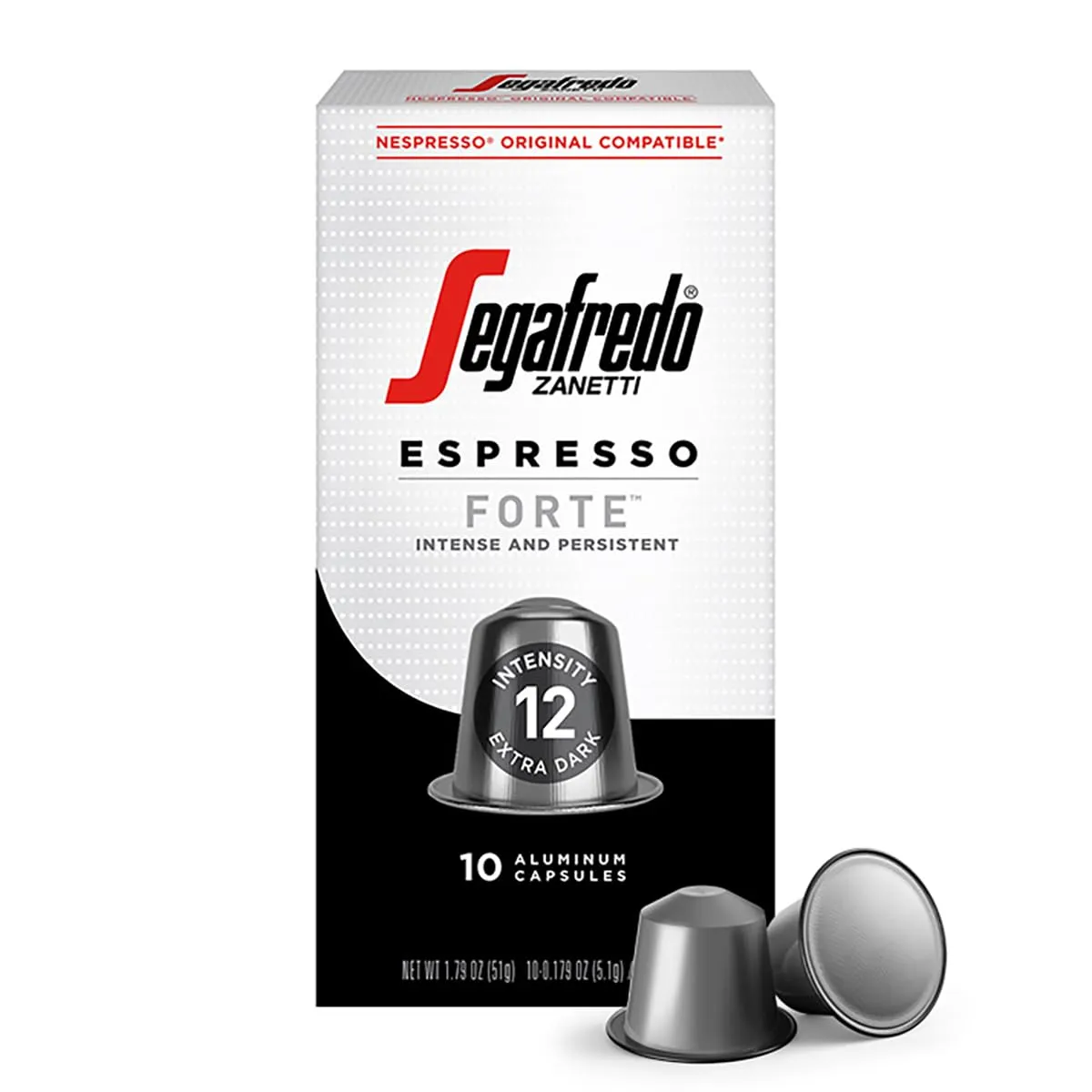 Segafredo Zanetti Forte Espresso Capsules, Extra Dark Roast, Intensity 12, Compatible with Nespresso Original Machines, 10 Count Aluminum Pods