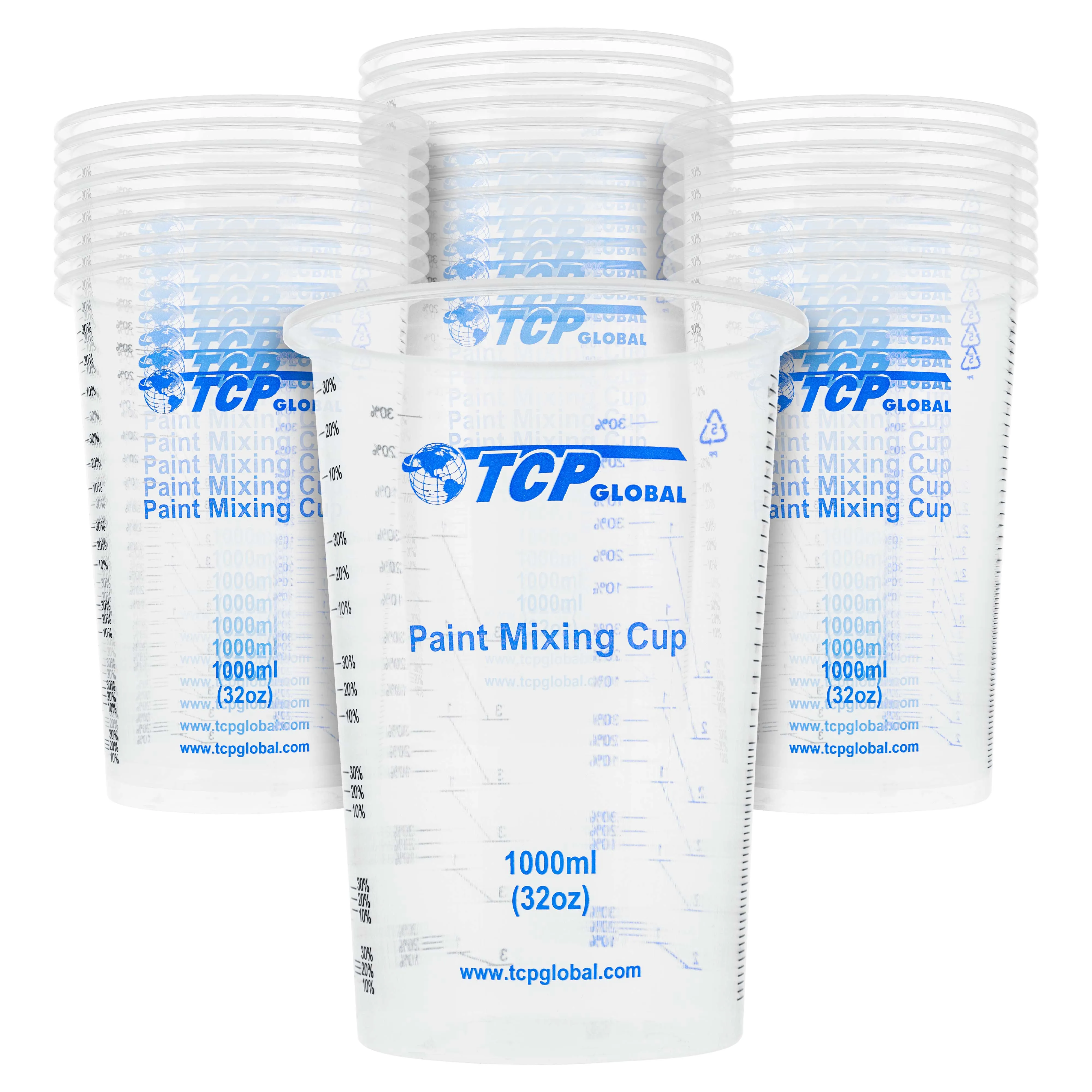 TCP Global 32 Ounce (1000ml) Disposable Flexible Clear Graduated Plastic Mixing Cups - Box of 25 Cups - Use for Paint, Resin, Epoxy, Art, Kitchen