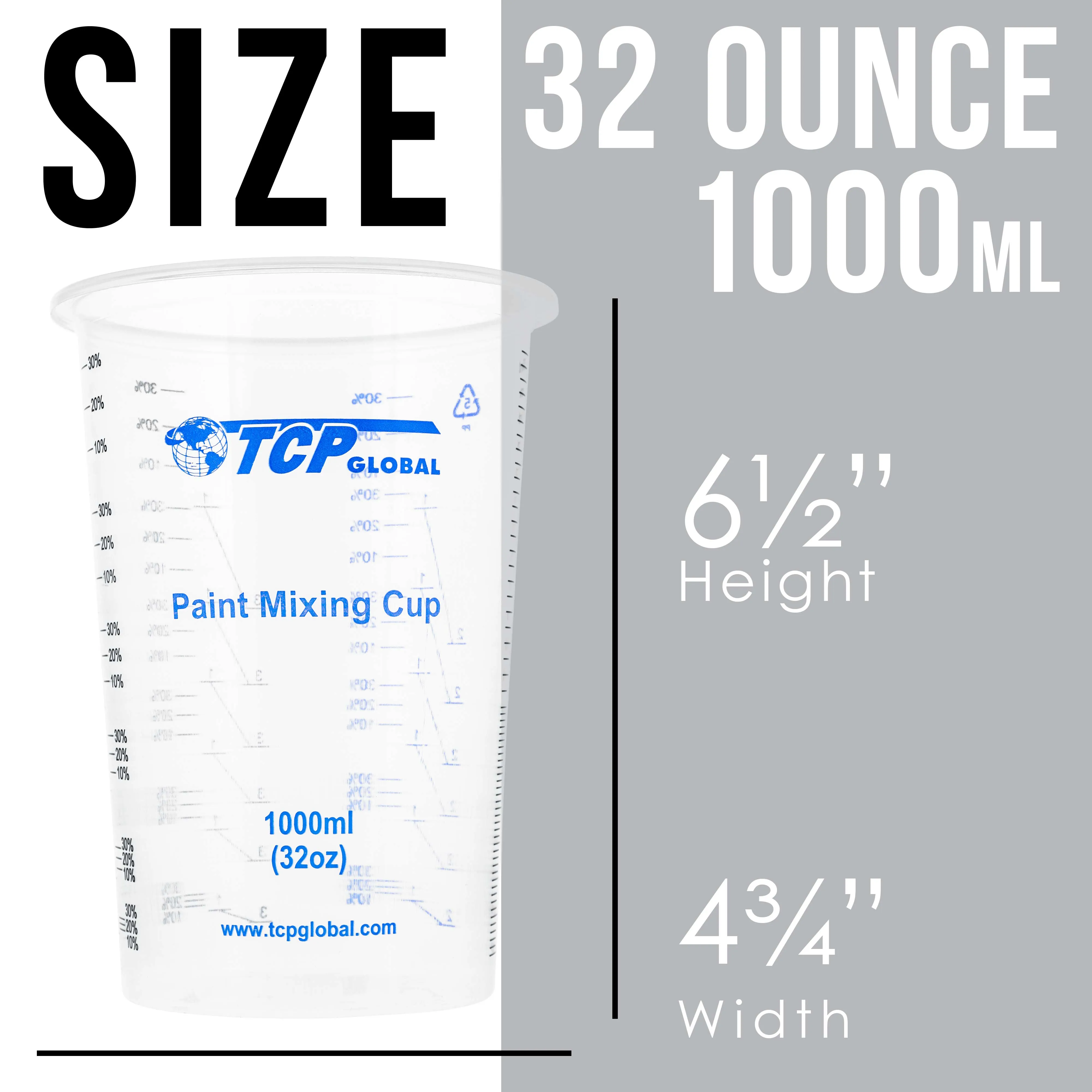 TCP Global 32 Ounce (1000ml) Disposable Flexible Clear Graduated Plastic Mixing Cups - Box of 50 Cups - Use for Paint, Resin, Epoxy, Art, Kitchen