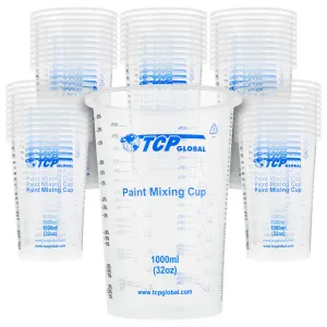 TCP Global 32 Ounce (1000ml) Disposable Flexible Clear Graduated Plastic Mixing Cups - Box of 50 Cups - Use for Paint, Resin, Epoxy, Art, Kitchen