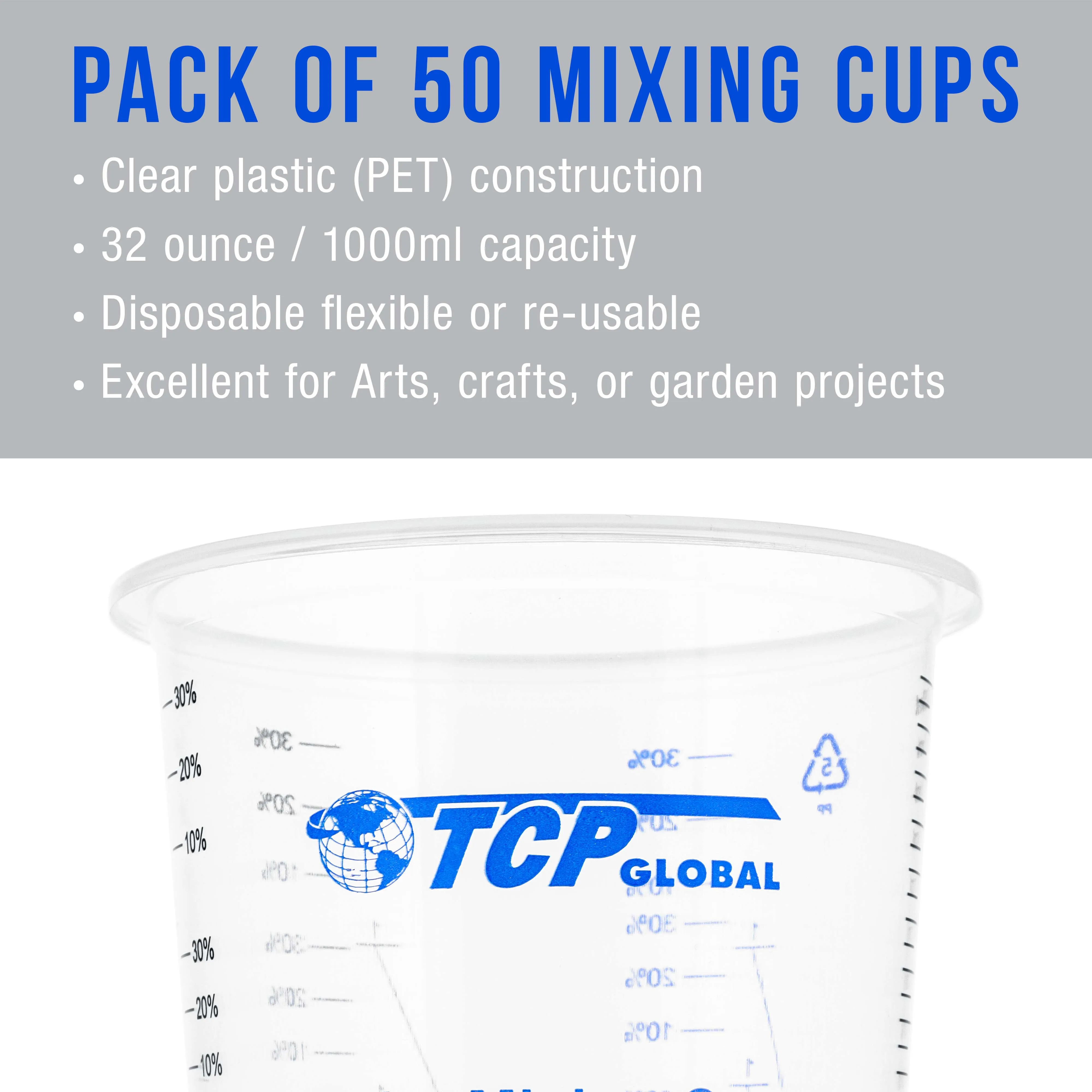 TCP Global 32 Ounce (1000ml) Disposable Flexible Clear Graduated Plastic Mixing Cups - Box of 50 Cups - Use for Paint, Resin, Epoxy, Art, Kitchen