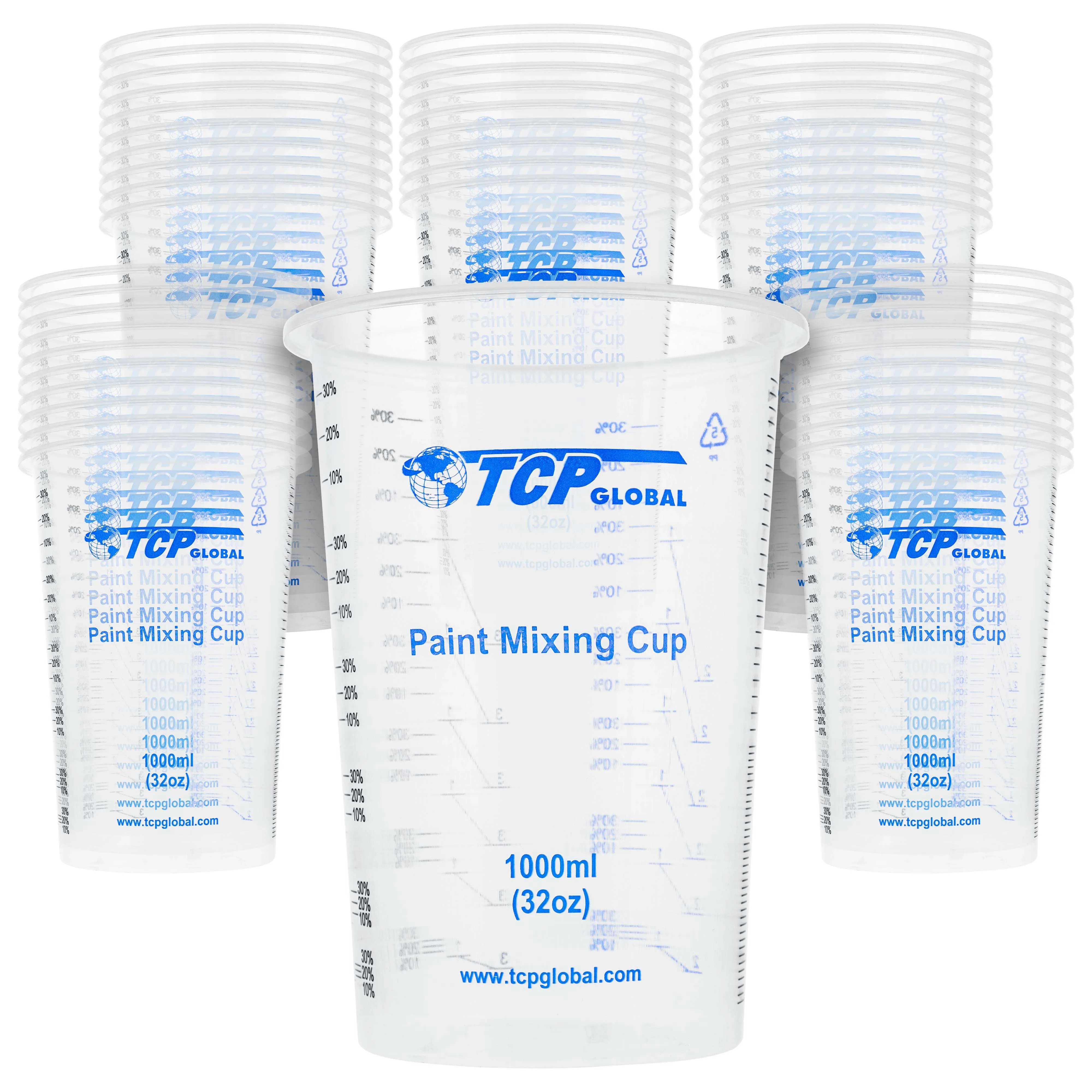 TCP Global 32 Ounce (1000ml) Disposable Flexible Clear Graduated Plastic Mixing Cups - Box of 50 Cups - Use for Paint, Resin, Epoxy, Art, Kitchen