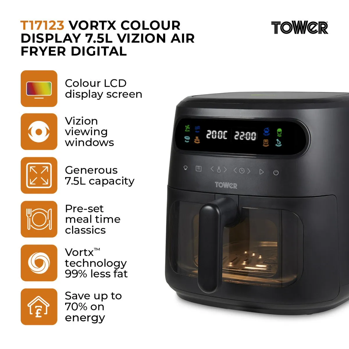 Tower 7.5 Litre Black Vortx Vizion Air Fryer with Colour Display Digital