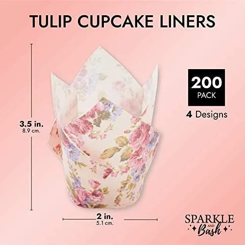 Tulip Cupcake Liners, Floral Baking Cups for Birthday and Wedding (200 Pack)